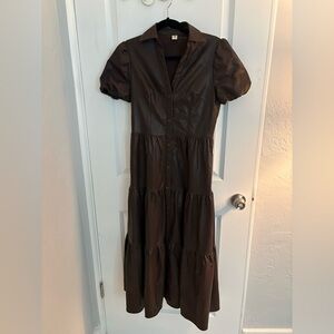 JS71 Puff-Sleeve Tiered Faux Leather Maxi Dress in Dark Brown est. size small
